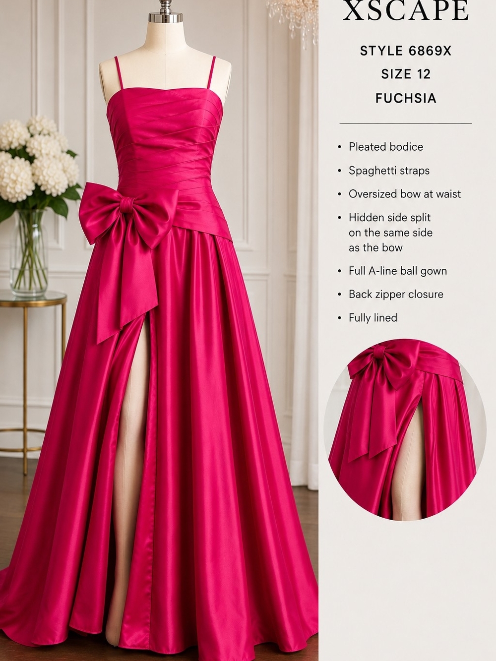 Xscape 12 Fuchsia Taffeta Ball Gown Bow Waist Formal Evening Dress - Picture 2 of 4